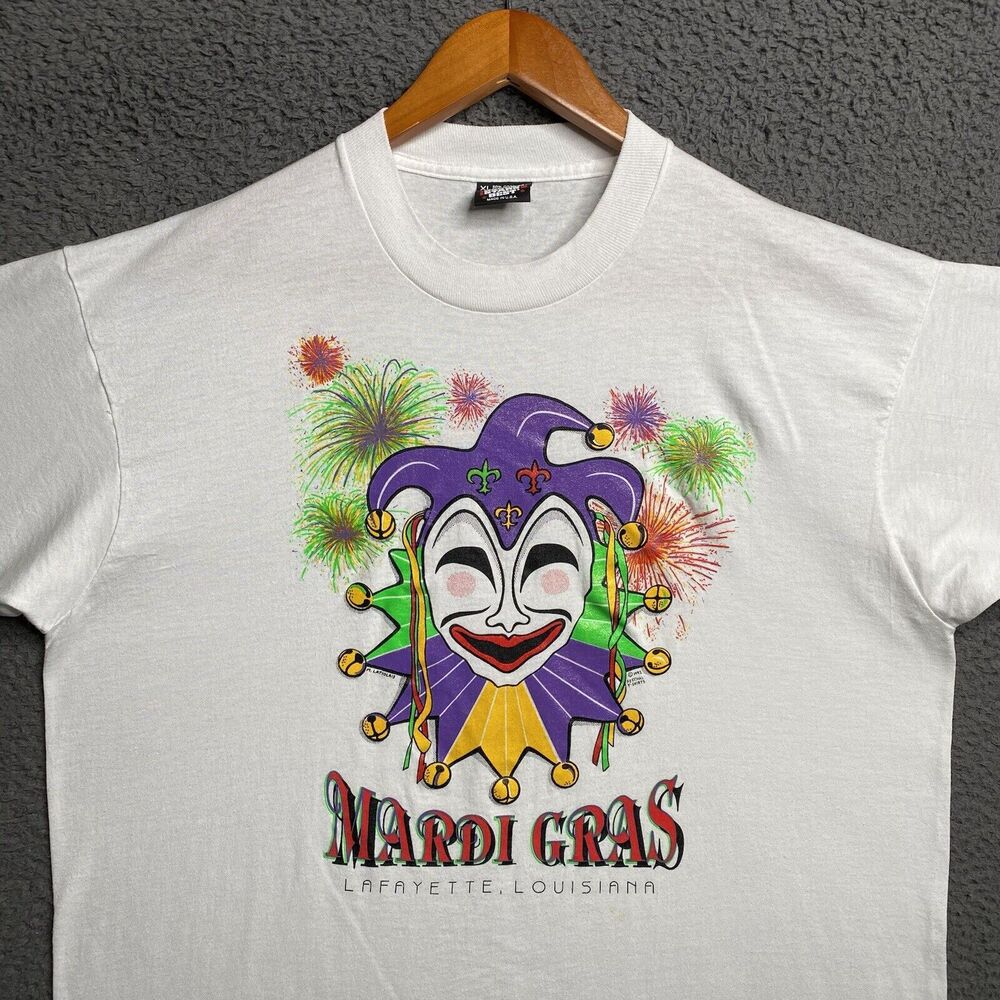 Vintage 90s Louisiana Mardi Gras Clown Graphic T-shirt XL Single Stitch USA Made